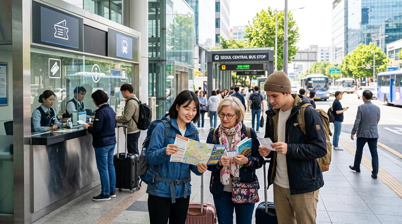 Bright vibrant photorealistic ticket counter area near a central Seoul bus stop, travelers checking paper tickets and maps, clean urban background, no visible t