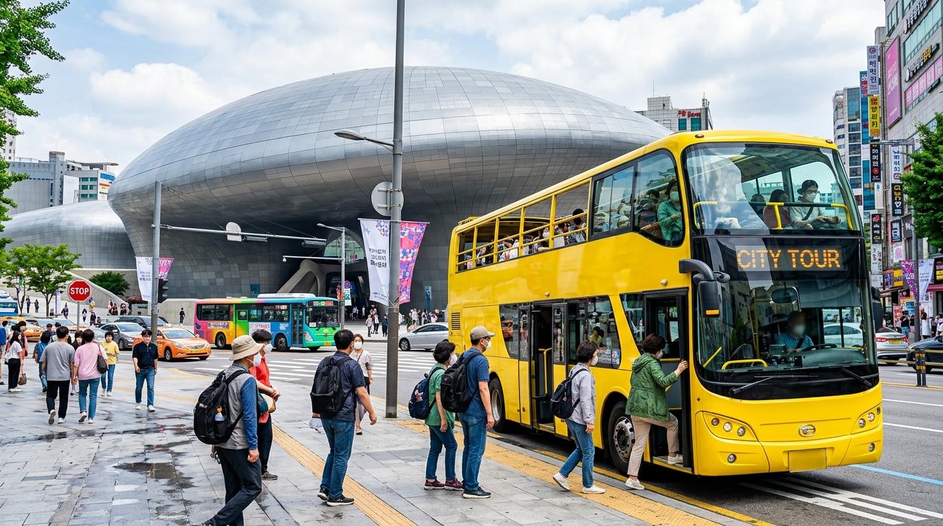 Bright vibrant photorealistic yellow city tour bus near Dongdaemun Design Plaza, futuristic silver architecture, travelers boarding, colorful street scene, no v