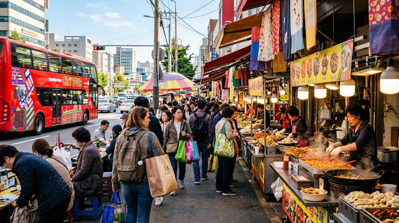 Bright vibrant photorealistic Seoul market street with food stalls, travelers walking with shopping bags, city tour bus glimpsed nearby, warm daylight, no visib