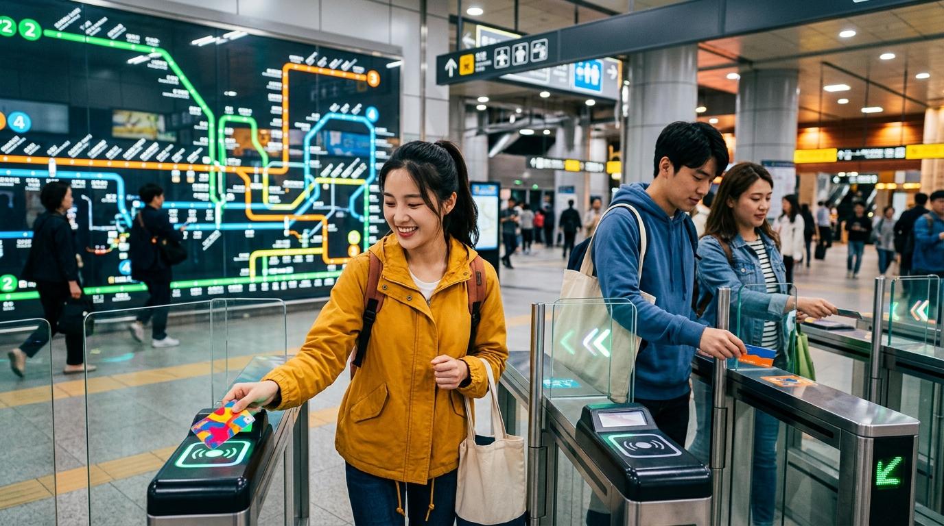 Bright vibrant photorealistic travelers using Seoul subway and bus cards at a station gate, city map colors, modern transit atmosphere, no visible text