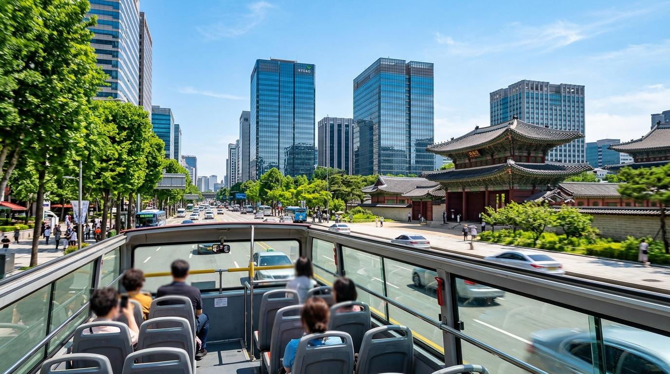 Bright vibrant photorealistic view from an open-top city tour bus in central Seoul, tree-lined boulevard, glass towers, palace rooflines, clear blue sky, no vis