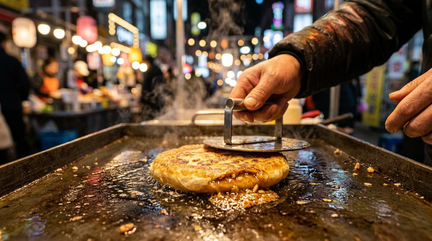 Bright vibrant photorealistic close-up of hotteok being pressed on a griddle, golden crispy pancake, warm syrup filling, night market lights in background, no v