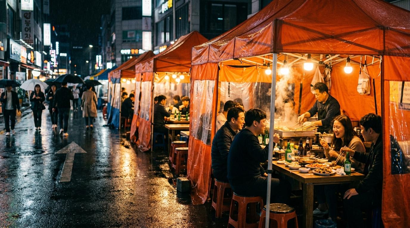 Bright vibrant photorealistic Seoul pojangmacha tents at night with warm lights, small tables, diners sharing street food, rainy pavement reflections, no visibl
