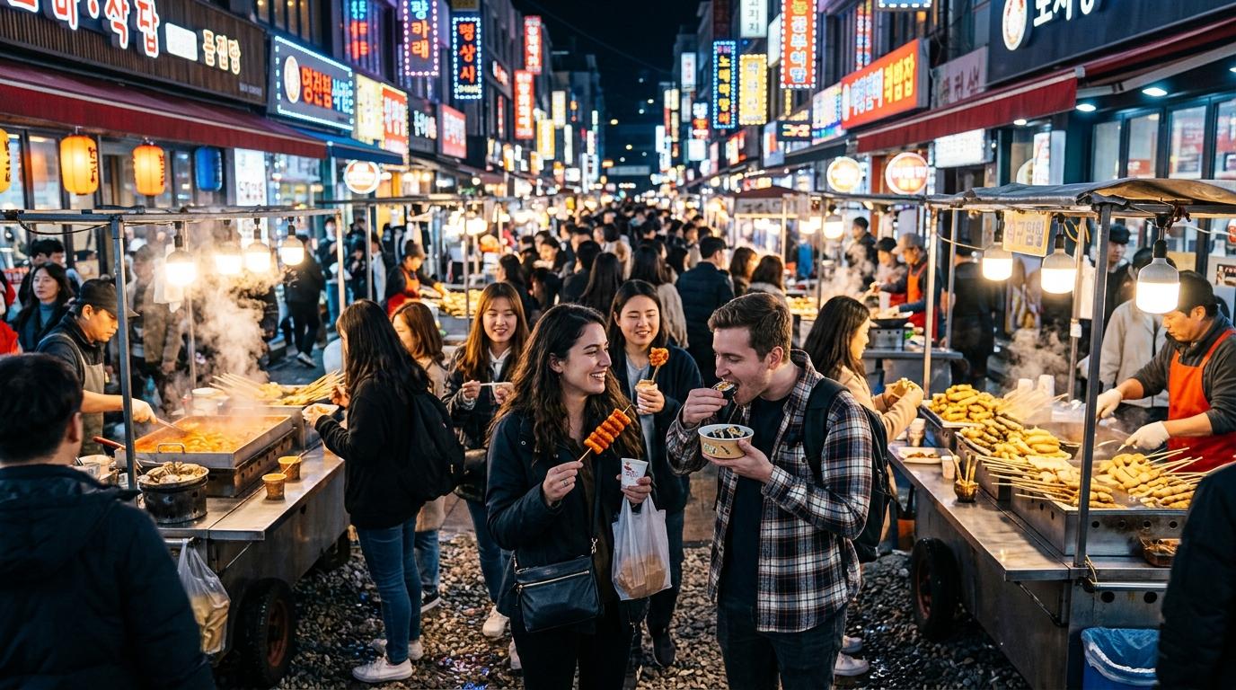 Bright vibrant photorealistic Seoul night market with steaming street food carts, neon glow, travelers holding snacks, lively evening crowd, no visible text