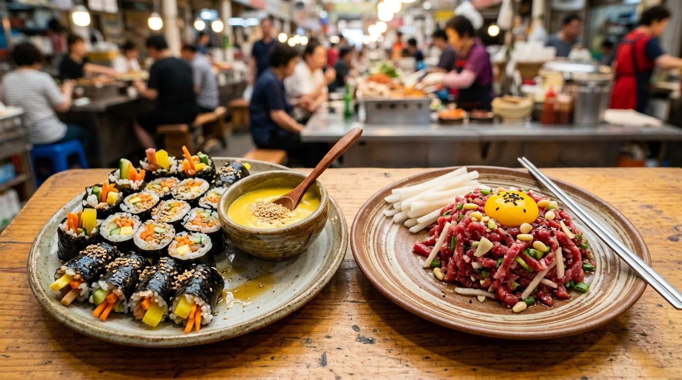 Bright vibrant photorealistic Korean mini gimbap rolls with mustard dipping sauce beside a simple plate of seasoned raw beef, indoor market table, no visible te