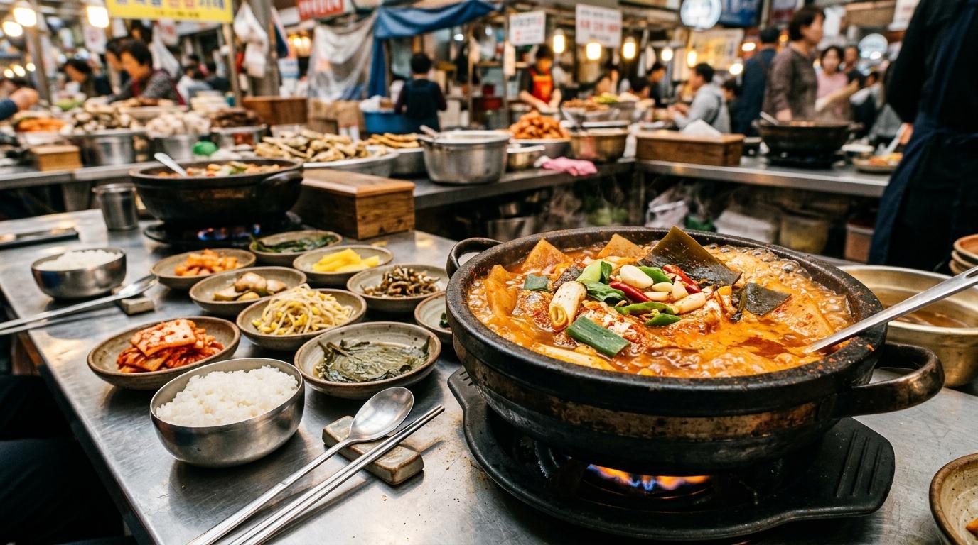Bright vibrant photorealistic Korean braised beltfish stew bubbling in a stone pot with side dishes, market counter setting, no visible text