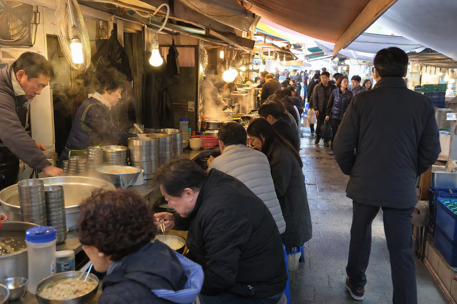 午餐時段明亮鮮豔、寫實風格的南大門市場美食巷，麵湯蒸氣瀰漫，人潮擁擠的吧檯、金屬碗與在地食客，無可見文字