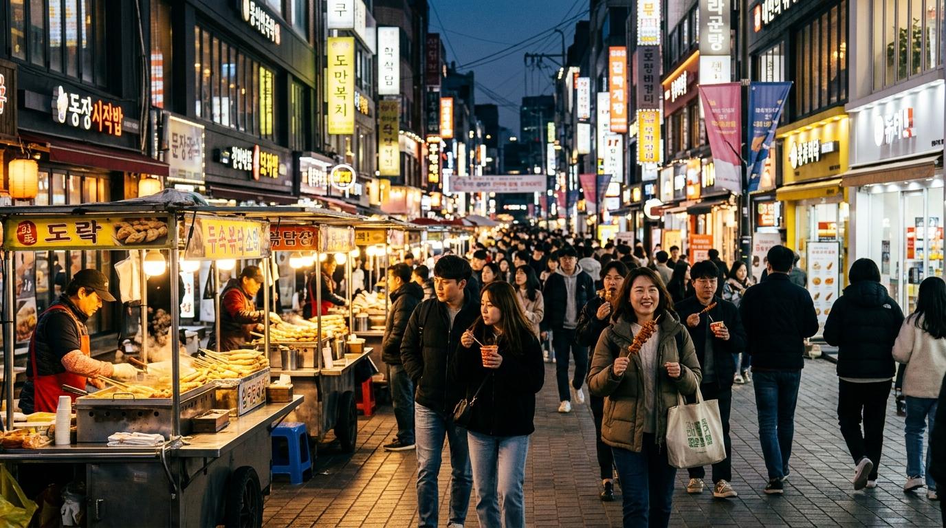 Bright vibrant photorealistic evening view of Seoul streets connecting traditional market snacks, modern shopping lights, and travelers walking with food, no vi