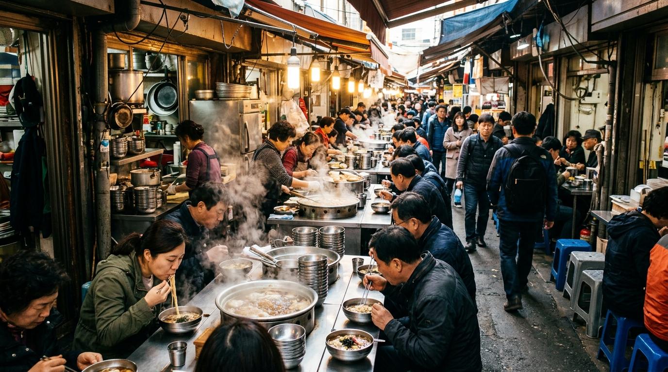 Bright vibrant photorealistic Namdaemun Market food alley at lunchtime with noodle steam, crowded counters, metal bowls, local diners, no visible text