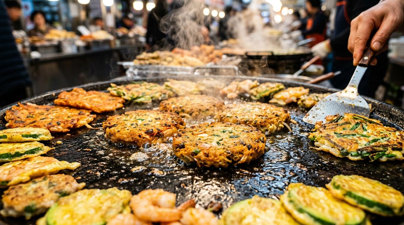 Bright vibrant photorealistic close-up of crispy mung bean pancakes and assorted Korean jeon on a hot griddle, steam and golden texture, no visible text