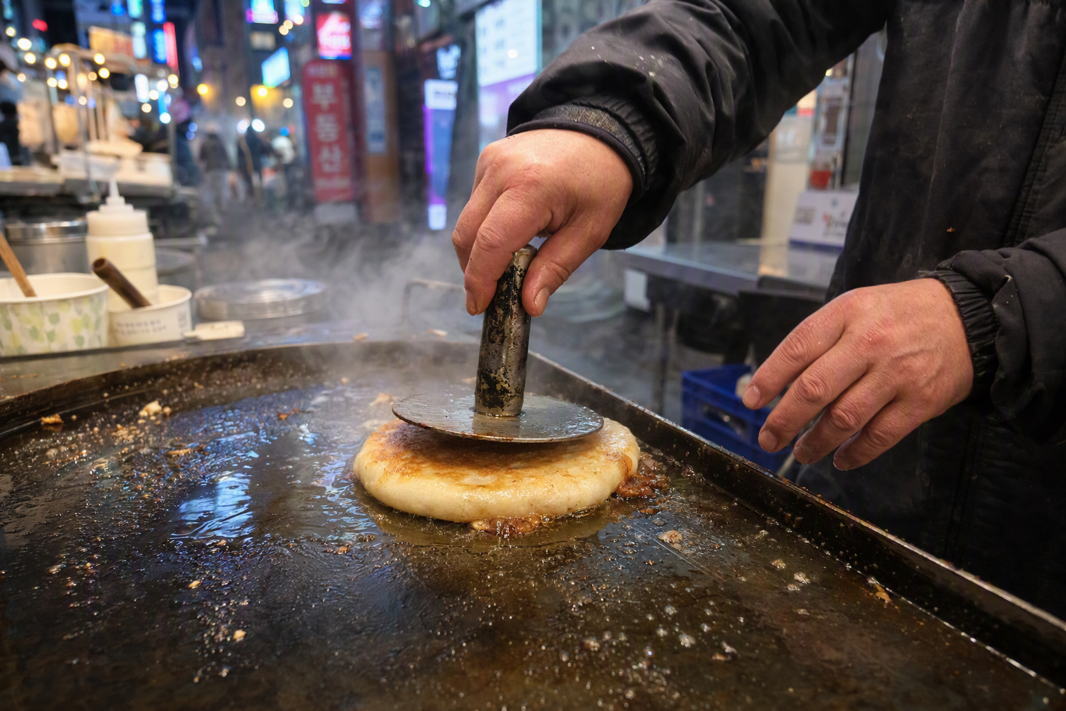 明亮繽紛寫實特寫，糖餅在鐵板上被壓製，金黃酥脆的餅皮、溫熱糖漿內餡，背景是夜市燈光，無可見人物