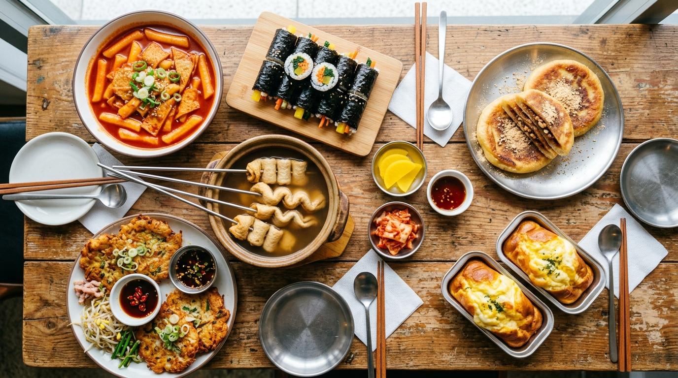 Bright vibrant photorealistic flat lay of Korean street food including tteokbokki, fish cake skewers, hotteok, egg bread, mini gimbap, and mung bean pancakes, n