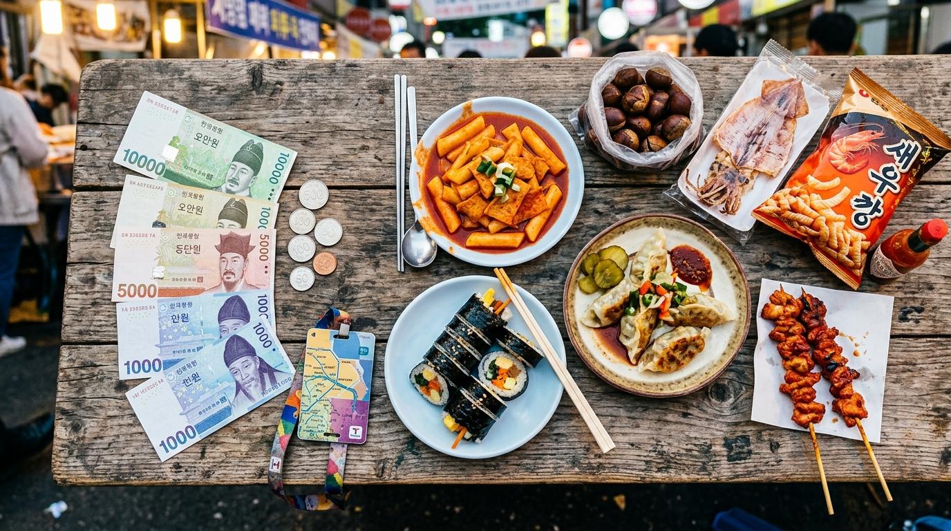 Bright vibrant photorealistic flat lay of Korean won bills, a transit card, small street food plates, chopsticks, and market snacks on a table, no visible text