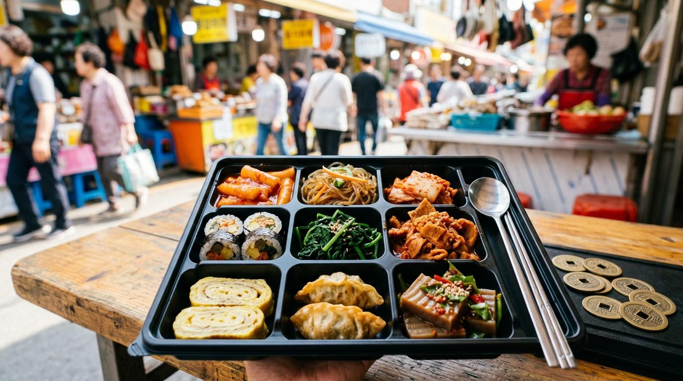 Bright vibrant photorealistic Tongin Market dosirak lunch tray with small Korean side dishes, brass-style coins, bright casual market setting, no visible text