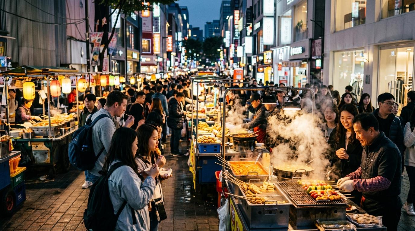 Bright vibrant photorealistic Myeongdong evening street food scene with colorful snack carts, shoppers, steam rising from grills, modern city lights, no visible