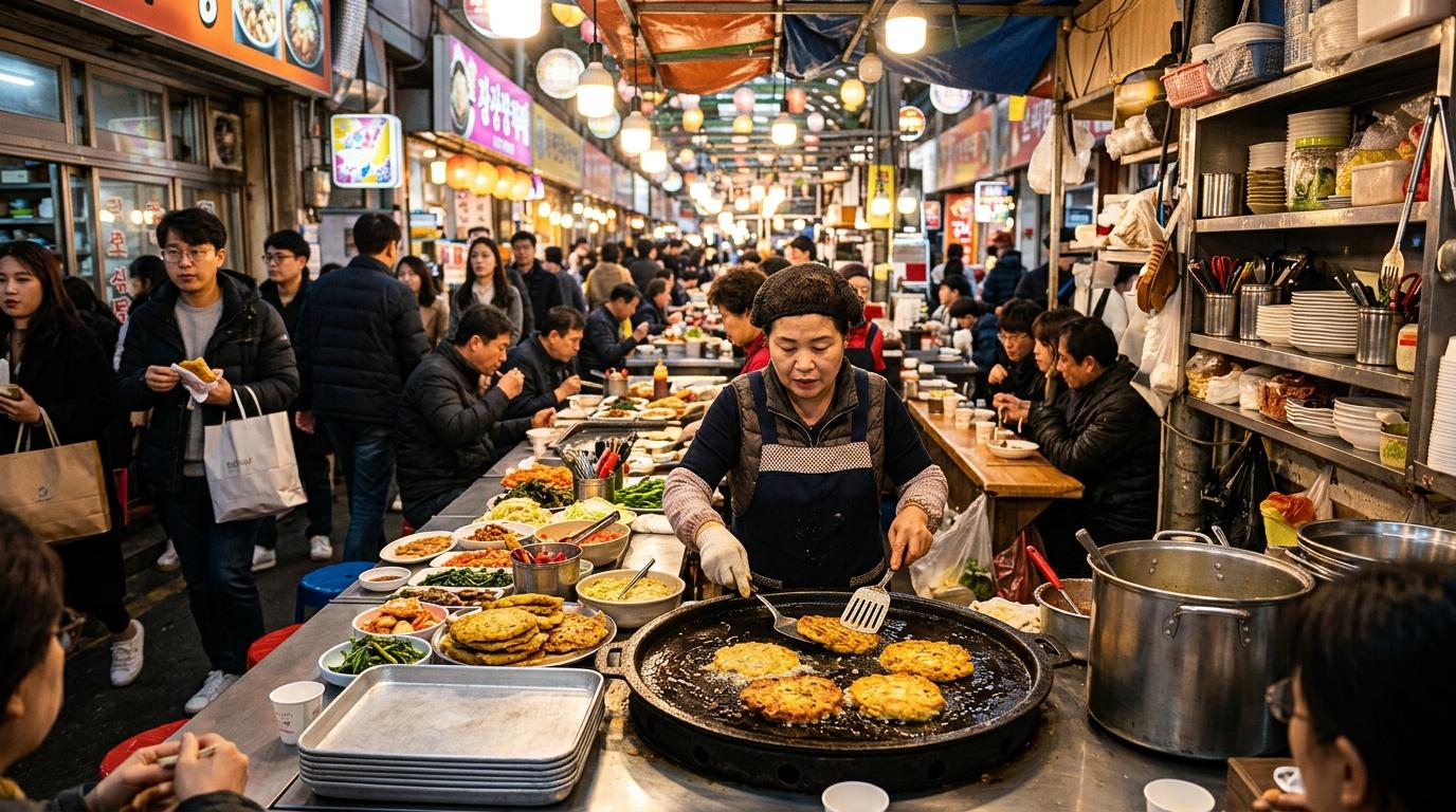 Bright vibrant photorealistic Gwangjang Market food corridor with mung bean pancakes frying, busy counters, colorful dishes, warm indoor market lighting, no vis