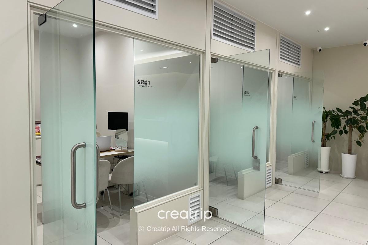 Private consultation rooms with frosted glass doors
