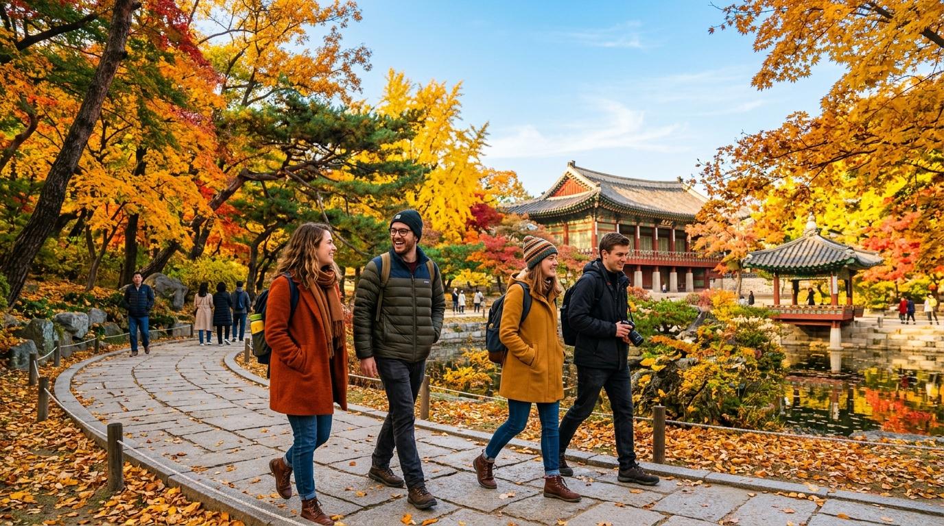 深秋時分,旅客喺首爾宮殿庭園散步,金黃色樹葉、暖身外套、午後光線清晰,無可見文字