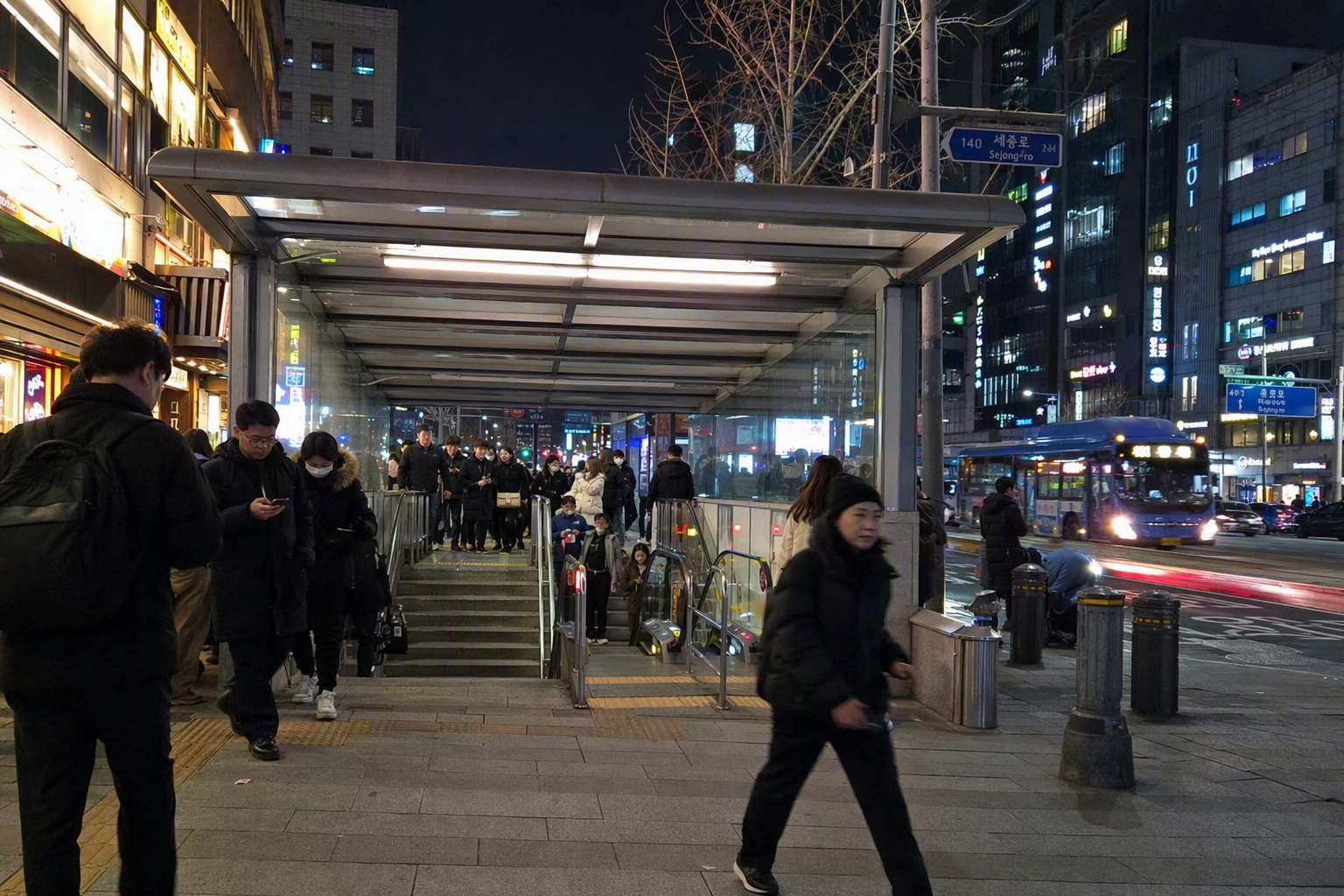 Bright vibrant photorealistic Seoul subway entrance on a cold night, bundled travelers, glowing city lights, dry winter air, no visible text