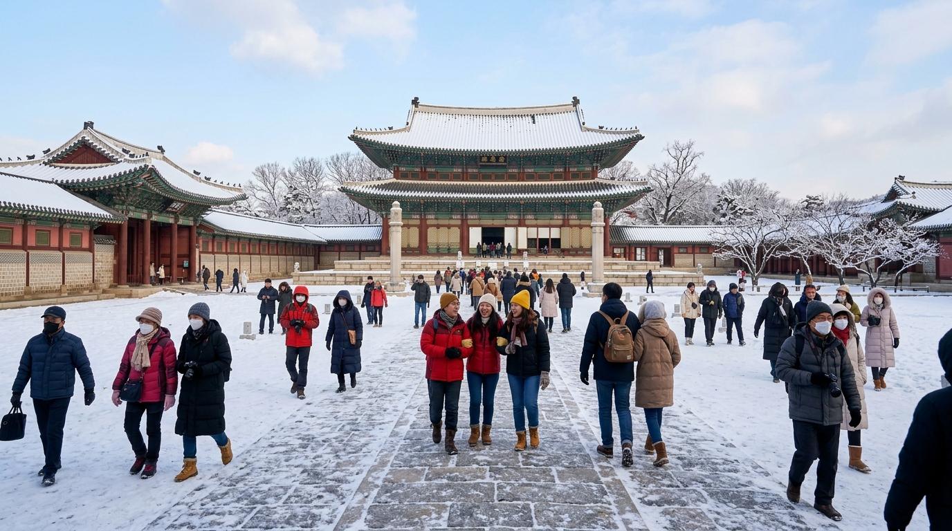 首爾宮殿庭院嘅明亮逼真雪晨景象,屋頂有薄雪,旅客著到好暖,柔和藍色冬日天空,無可見文字