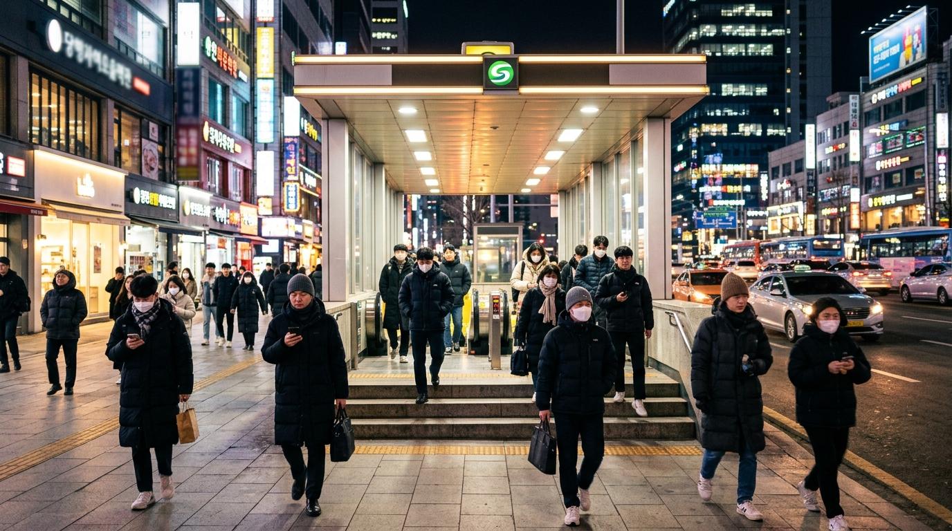 寒冷夜晚嘅首爾地鐵站入口,旅客著到厚厚保暖,城市燈光發亮,乾燥冬季空氣,無可見文字