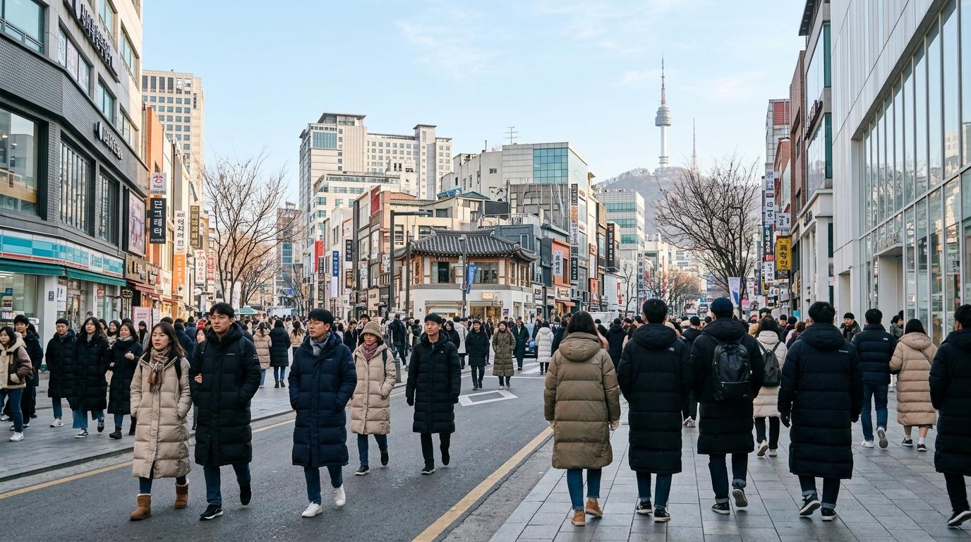 12月初首爾明亮寫實景色,淡淡冬日陽光,行人著長身厚羽絨,街道乾爽,無可見文字