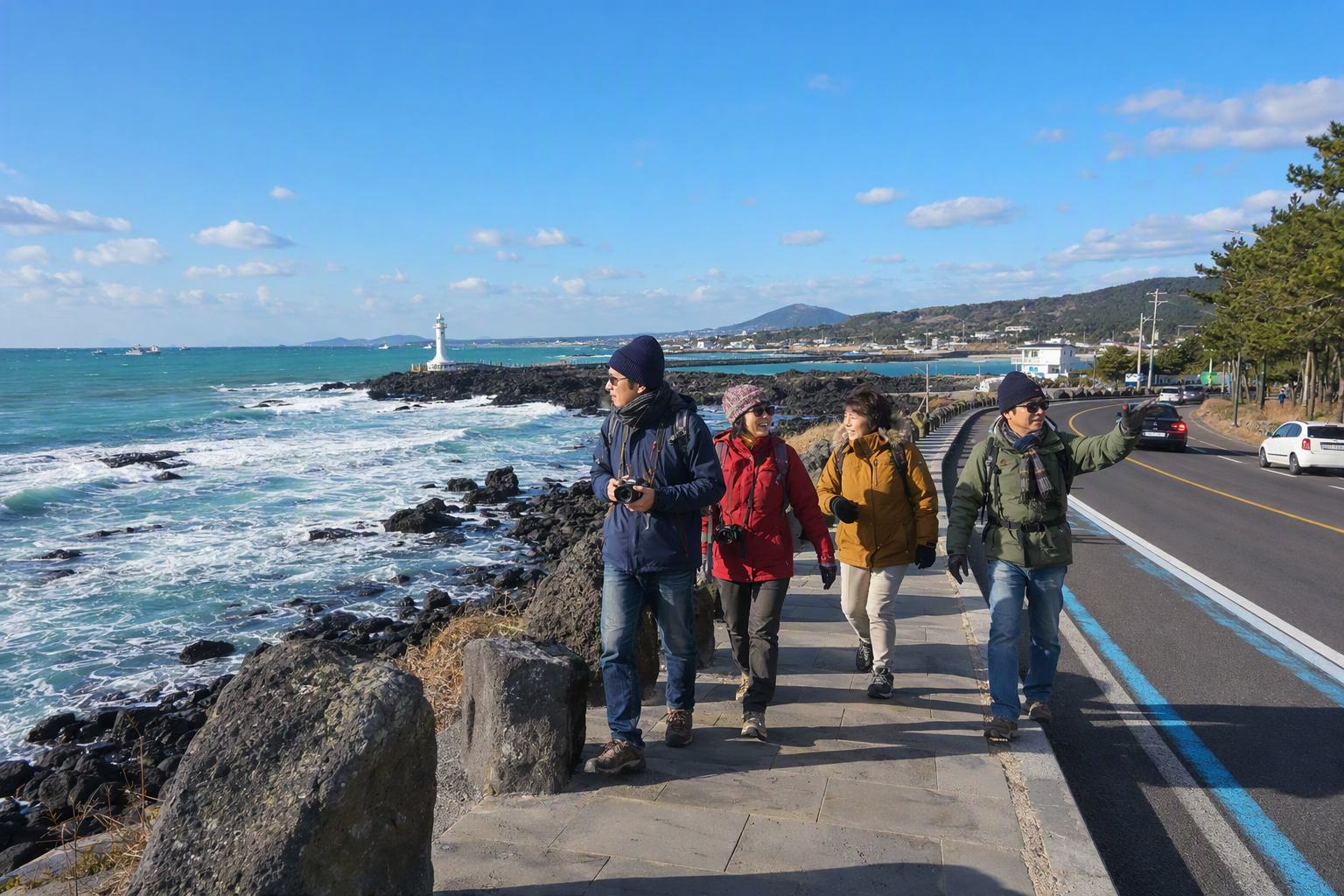 Bright vibrant photorealistic Jeju coastal road in December, volcanic rocks, blue sea, travelers in layered jackets, crisp clear sky, no visible text