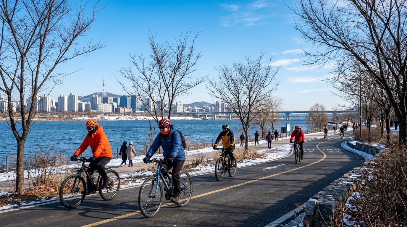 冬天嘅漢江公園,光線明亮、色彩鮮明嘅寫實風景,樹木光禿,大風寒冷,有著保暖外套嘅單車手,天晴,畫面無可見文字