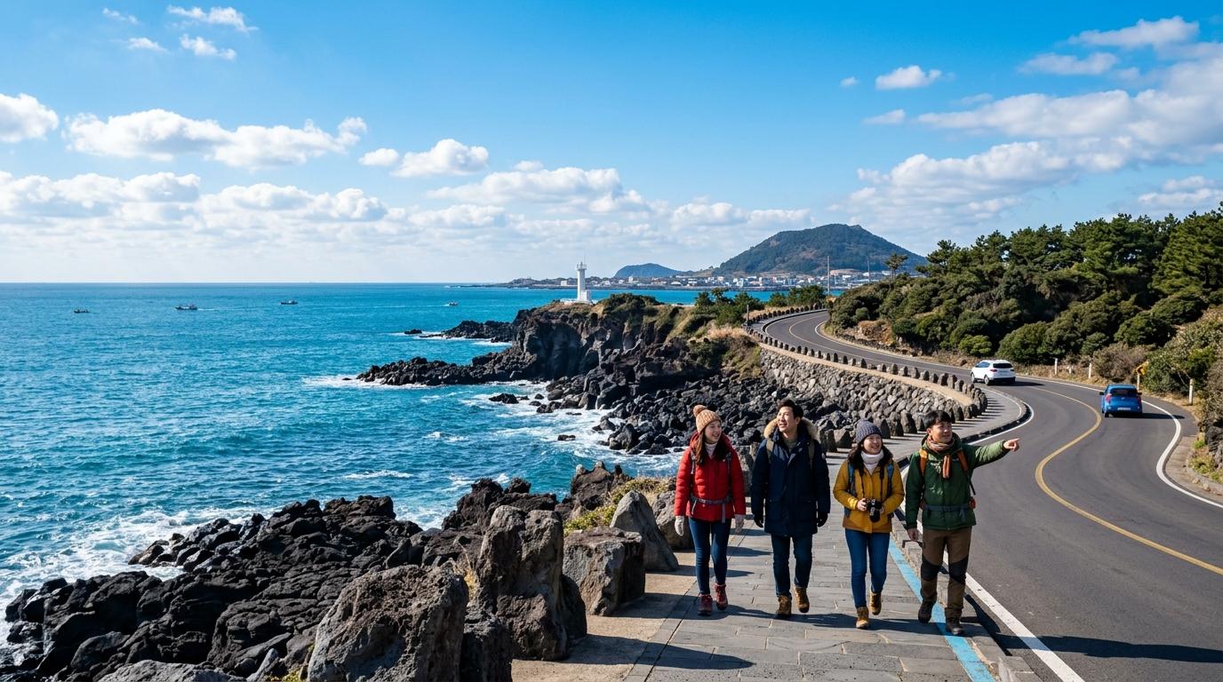12月濟州海岸公路,明亮鮮明、寫實風格,火山巖、藍色海面、旅客分層著外套,天空清澈爽朗,畫面無文字