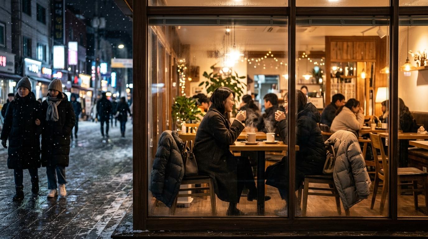 寒冷嘅12月夜晚,首爾咖啡店窗邊明亮而生動嘅寫實風照片,室內燈光温暖,椅背掛住外套,飲品冒住蒸氣,畫面無可見文字