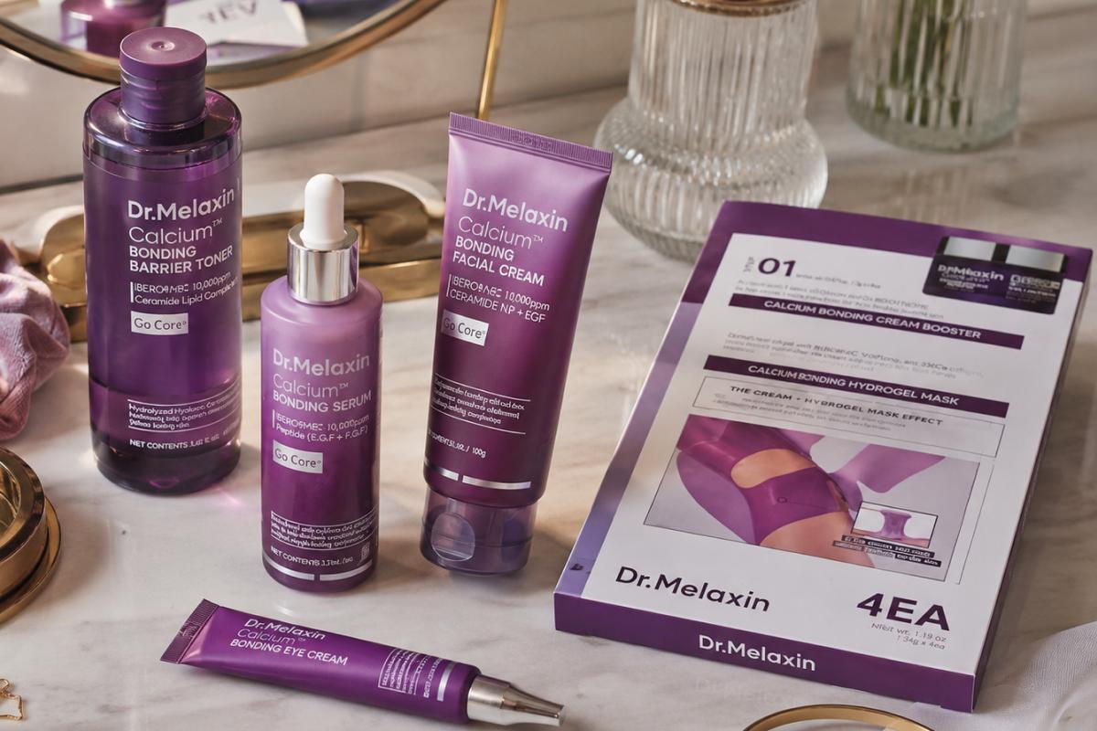 Dr. Melaxin Calcium Bonding skincare line including toner, serum, facial cream, eye cream, and hydrogel mask