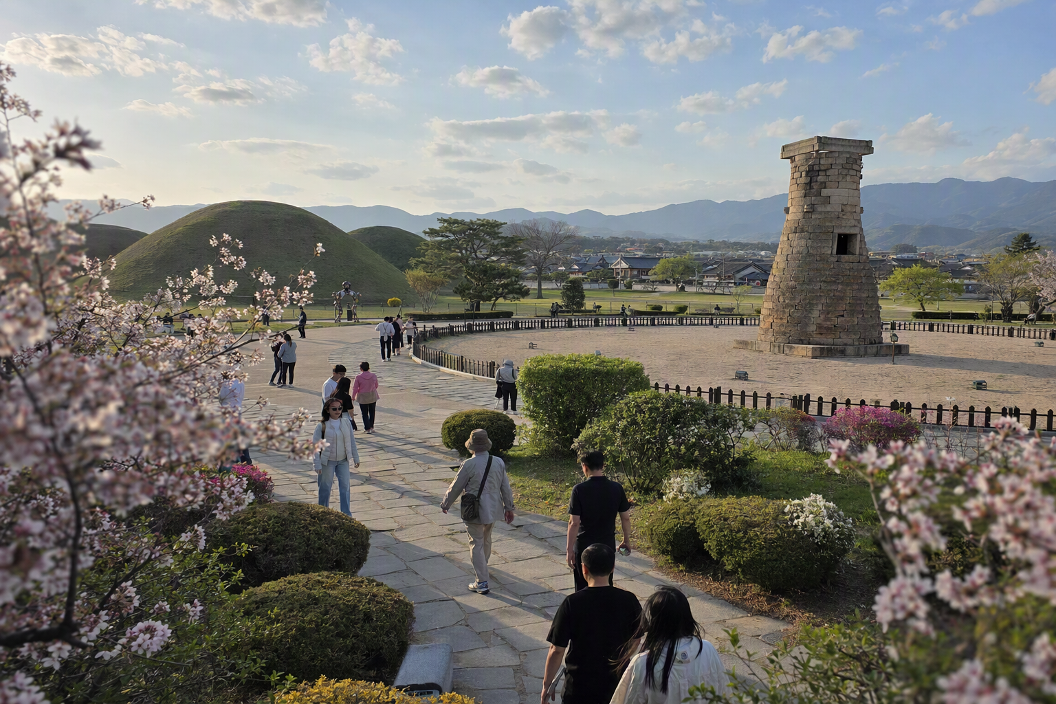 明亮寫實風慶州風景，有翠綠皇陵草墳、瞻星台觀測台、春日花開、柔和藍天，氣氛寧靜治癒
