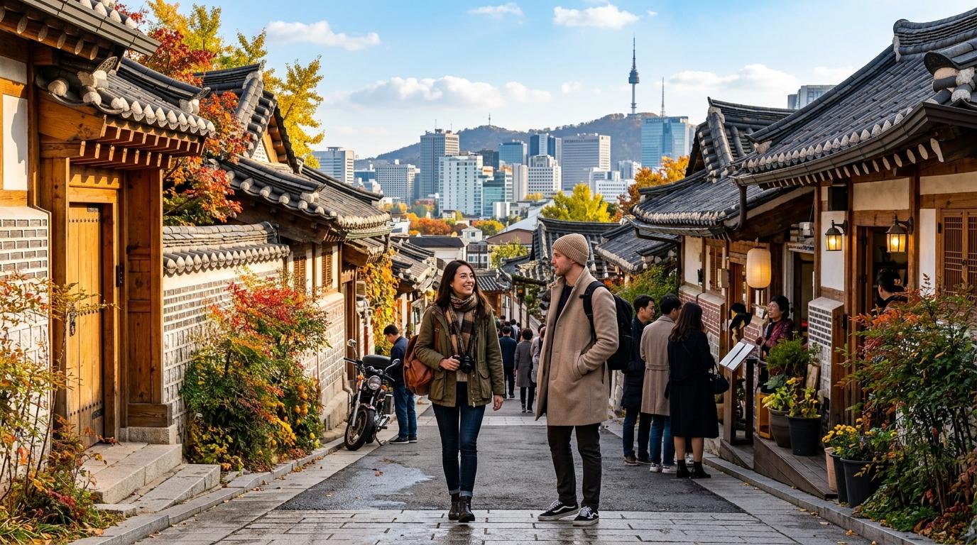 鮮豔寫實的首爾街景，傳統韓屋屋瓦、時髦旅人、小咖啡館、秋天樹木，遠處可見現代城市天際線，無文字