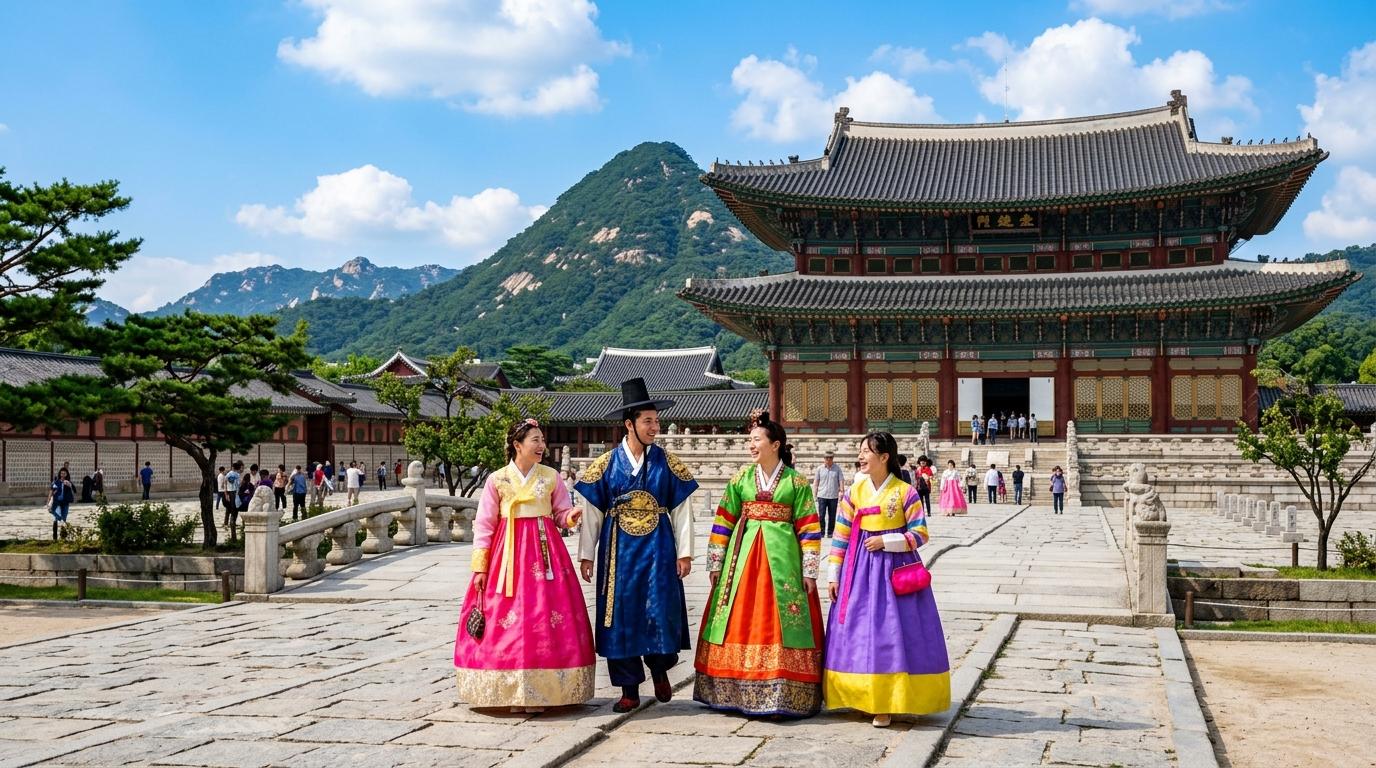明亮鮮豔的寫實場景，旅客穿著色彩繽紛的韓服走在景福宮院落中，華麗宮殿建築與遠山背景