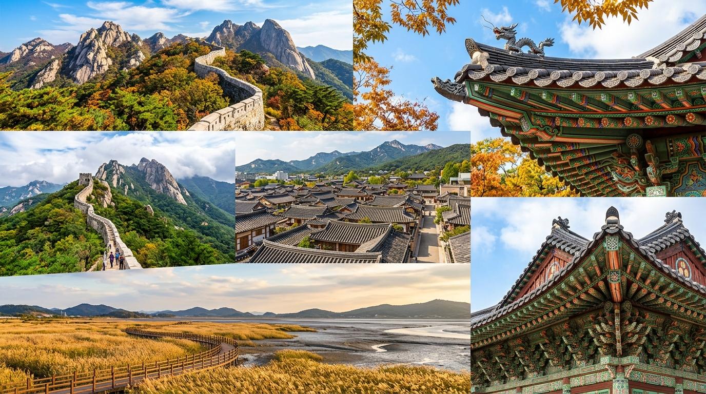 明亮、照片寫實的拼貼風格旅遊場景，呈現韓國城郭城牆、山嶽國家公園、韓屋村屋頂、濕地蘆葦與寺廟屋頂細節