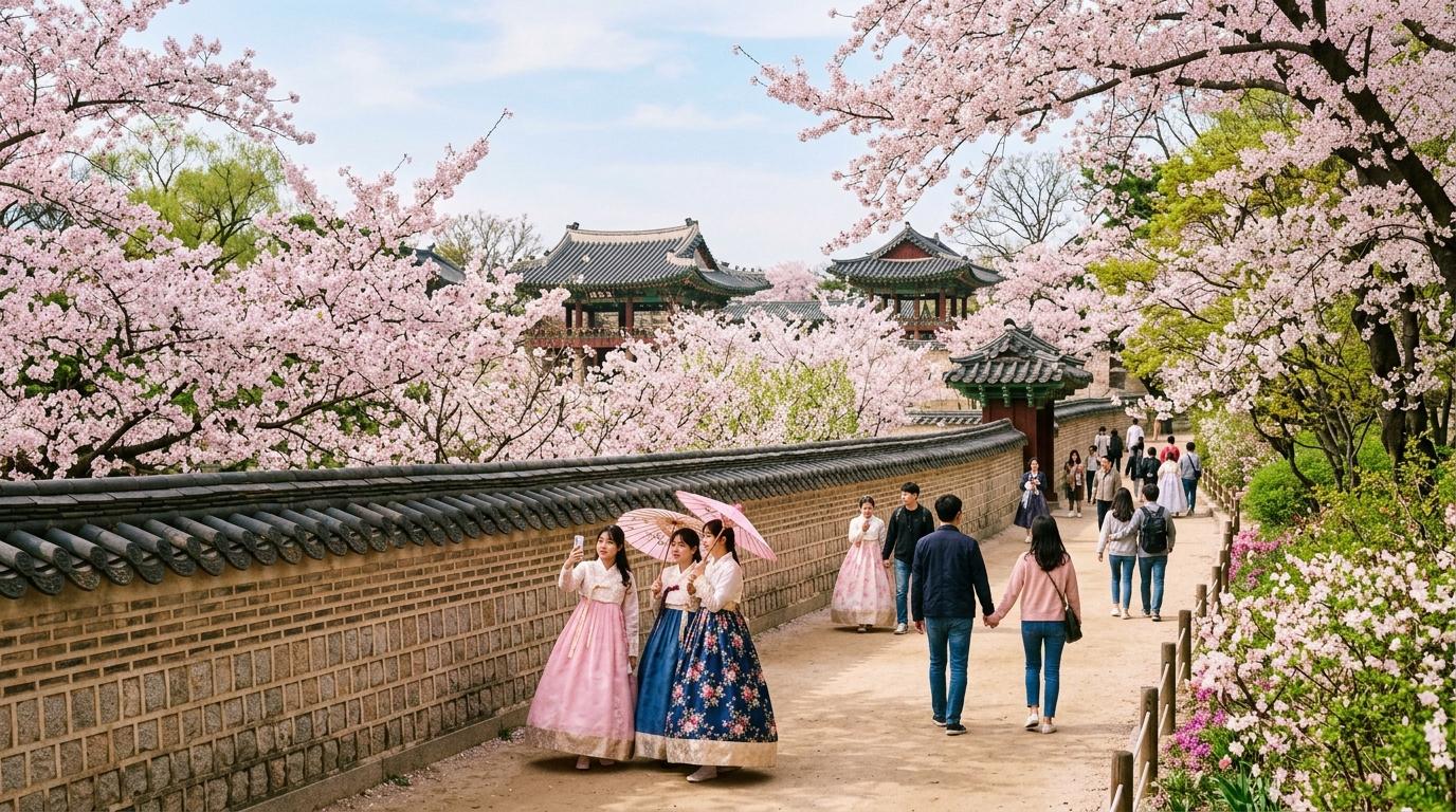 韓國春季的明亮寫實風景，宮牆周圍盛開櫻花，旅客步行其間，柔和日光，優雅粉彩色調，無文字