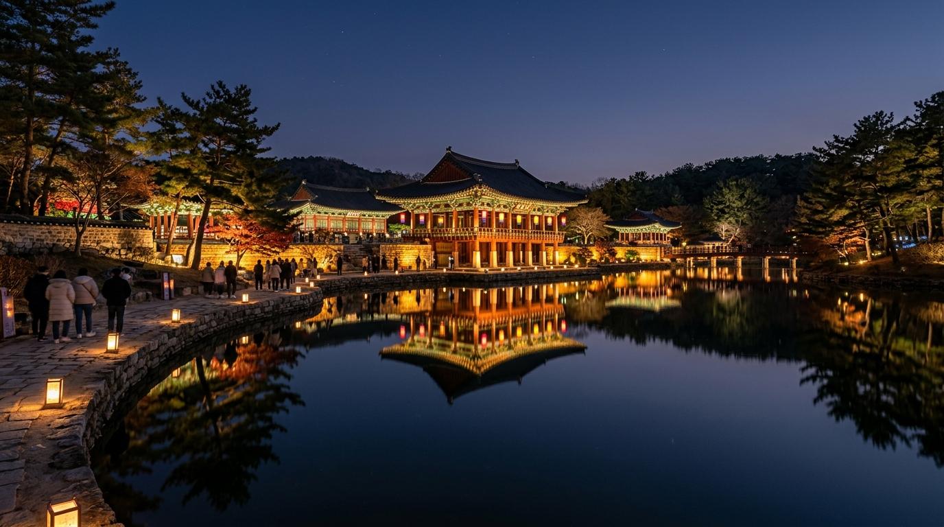 色彩鮮明的寫實風慶州夜景，東宮與月池的燈光照亮亭閣，倒映在平靜水面上，優雅旅遊雜誌風格