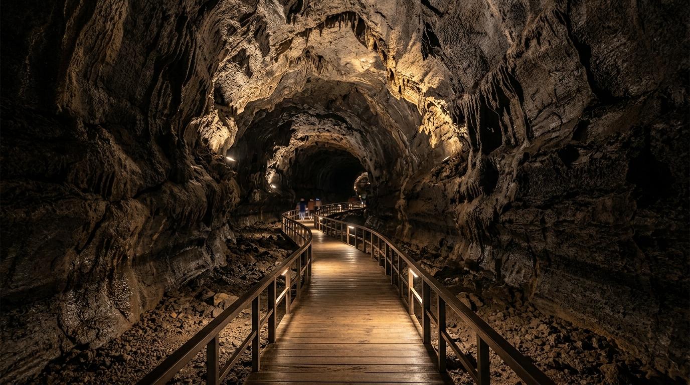 濟州壯觀熔岩洞穴的寫實內部景，火山岩牆面紋理清晰、步道柔和照明，神祕但明亮的編輯風格，無文字