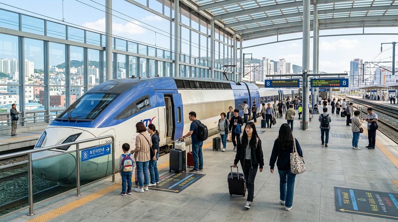 充滿活力、寫實感的旅行場景，KTX 列車停靠月臺，旅客拖著行李，乾淨現代的車站，明亮日光，呈現韓國旅行氛圍，無文字
