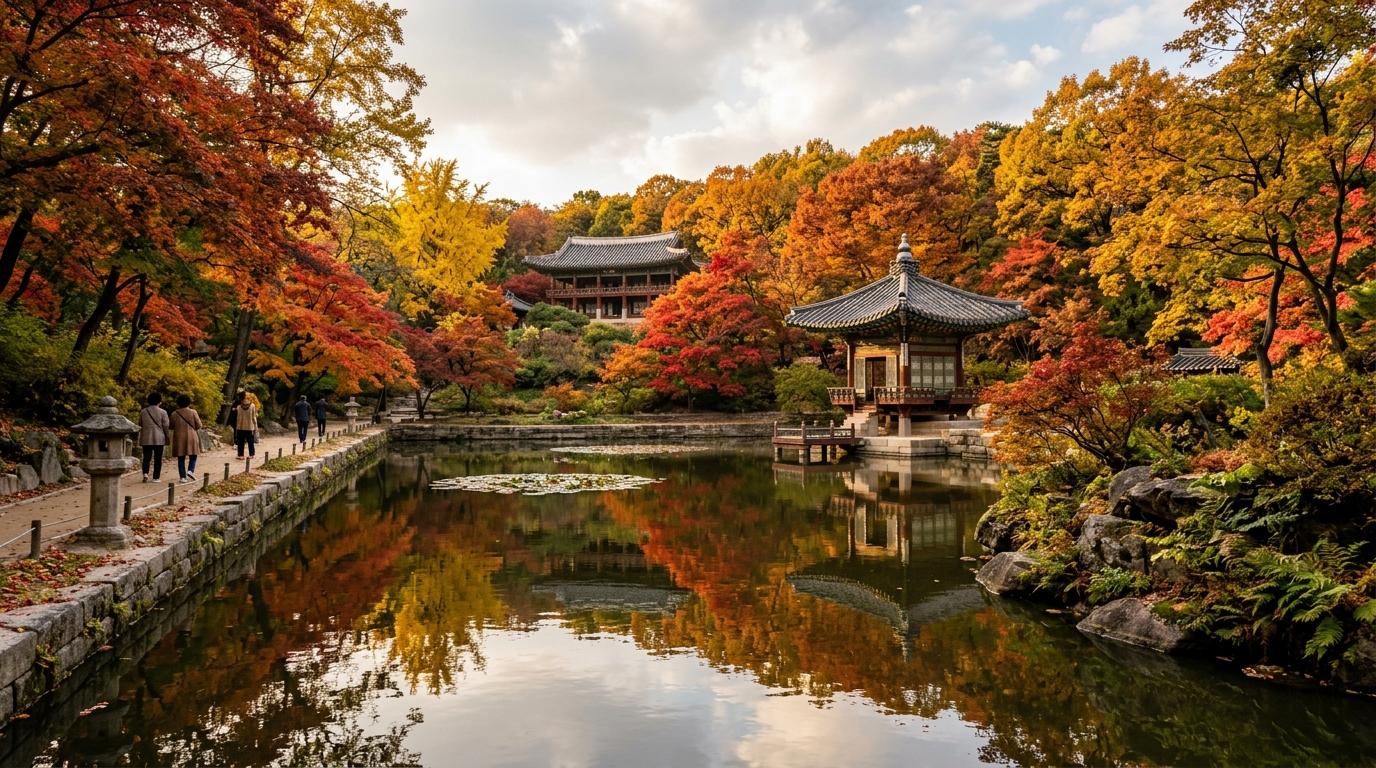 寫實的昌德宮祕密花園秋景，池塘與傳統亭子，紅金色樹葉，柔和午後光線，無文字