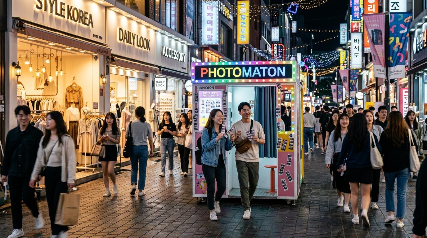 明亮、寫實的首爾生活風景，包含時尚店家、即拍照相館入口、年輕旅人、繽紛燈光與潮流感十足的都市街道，無可辨識文字