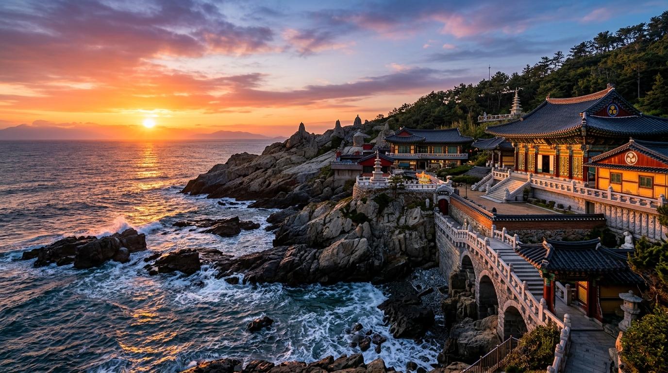 寫實鮮明的釜山海岸海東龍宮寺日出，浪花在下方拍打，寺廟屋瓦在暖光中發亮，無文字