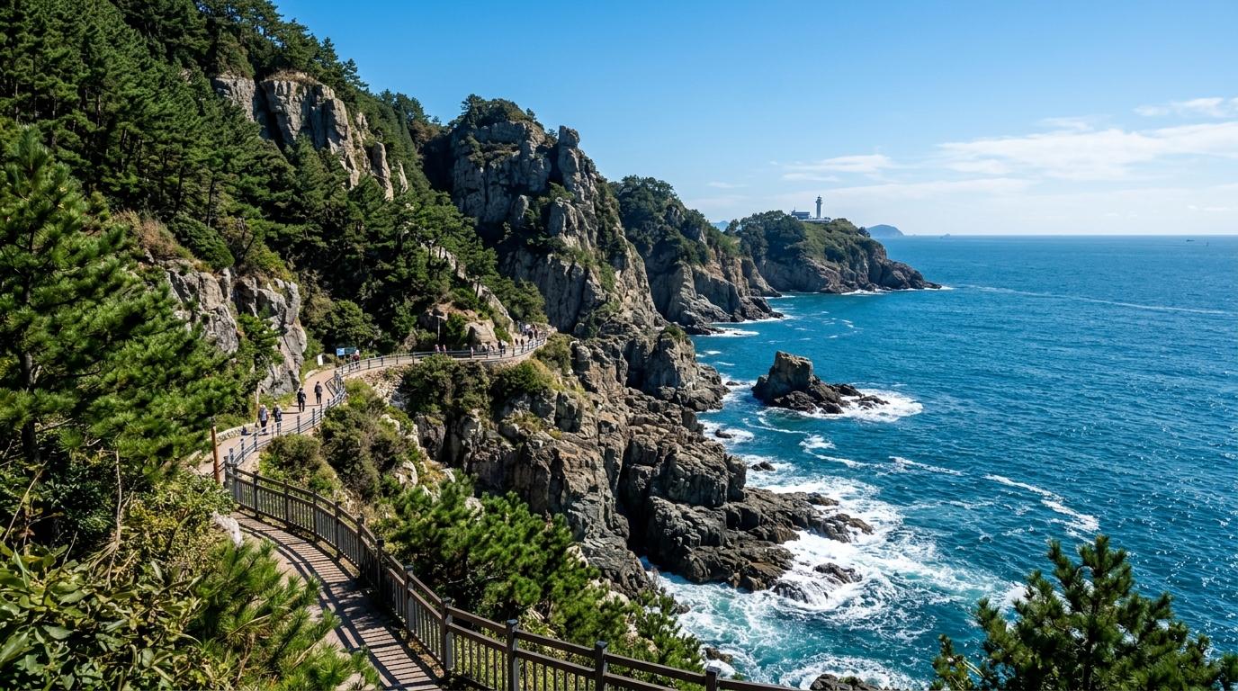 寫實的釜山太宗臺海崖，藍色海洋、粗獷巖層、鬆樹、晴朗天空、海岸步道景色，無文字
