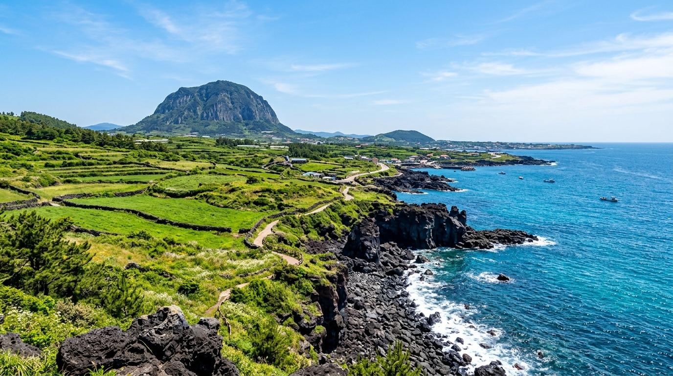 明亮、寫實的濟州島火山景觀，黑色玄武岩海岸、蔚藍海面、綠色田野、遠方的漢拏山、晴朗陽光天空，無文字