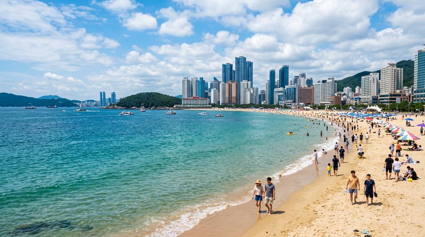明亮寫實的釜山海岸線，碧綠海水、城市天際線、沙灘與散步人潮，陽光旅行氛圍，無文字