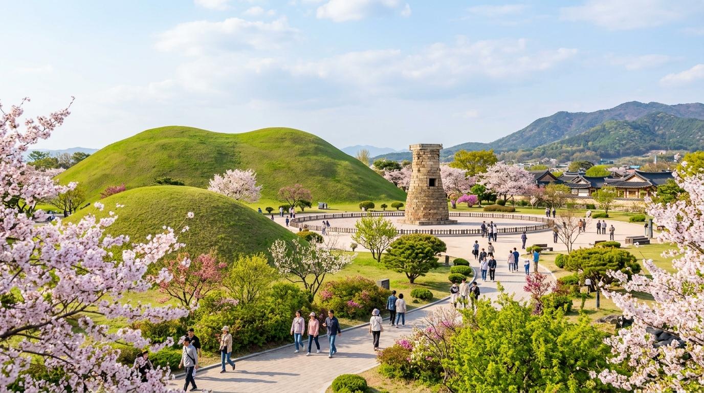 明亮寫實風的慶州風景，有綠草覆蓋的王陵封土丘、瞻星臺天文臺、春季花開、柔和藍天與寧靜的旅行氛圍