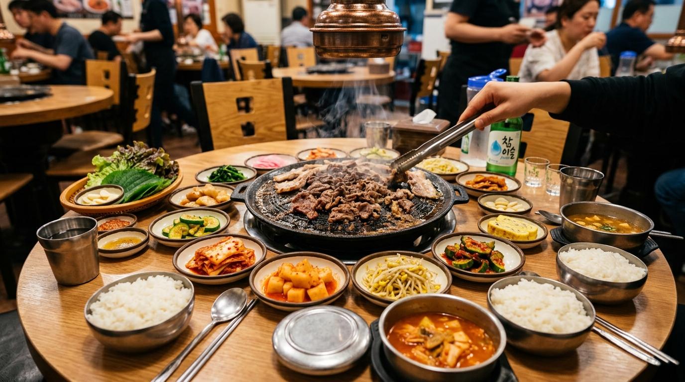 明亮、寫實的韓式燒烤餐桌，有滋滋作響的烤肉、色彩豐富的小菜、泡菜、白飯碗、溫暖的餐廳燈光，無文字