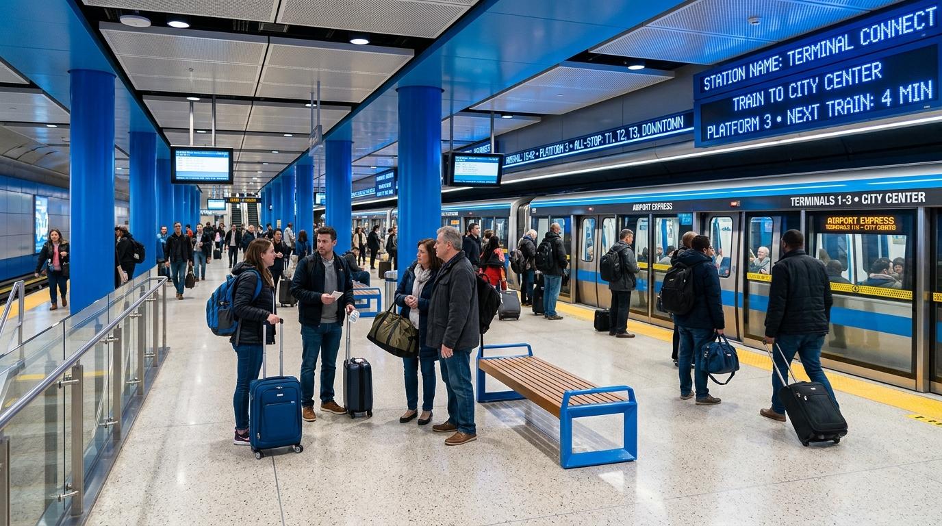 Bright vibrant photorealistic all-stop airport railroad platform with blue accents, commuters and travelers with luggage, clean underground station, no Korean t