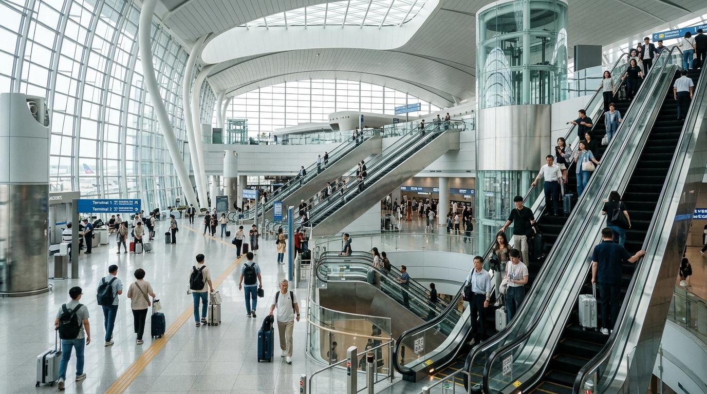 Bright vibrant photorealistic Incheon Airport transportation center with escalators, travelers moving between terminals, clean futuristic architecture, no Korea
