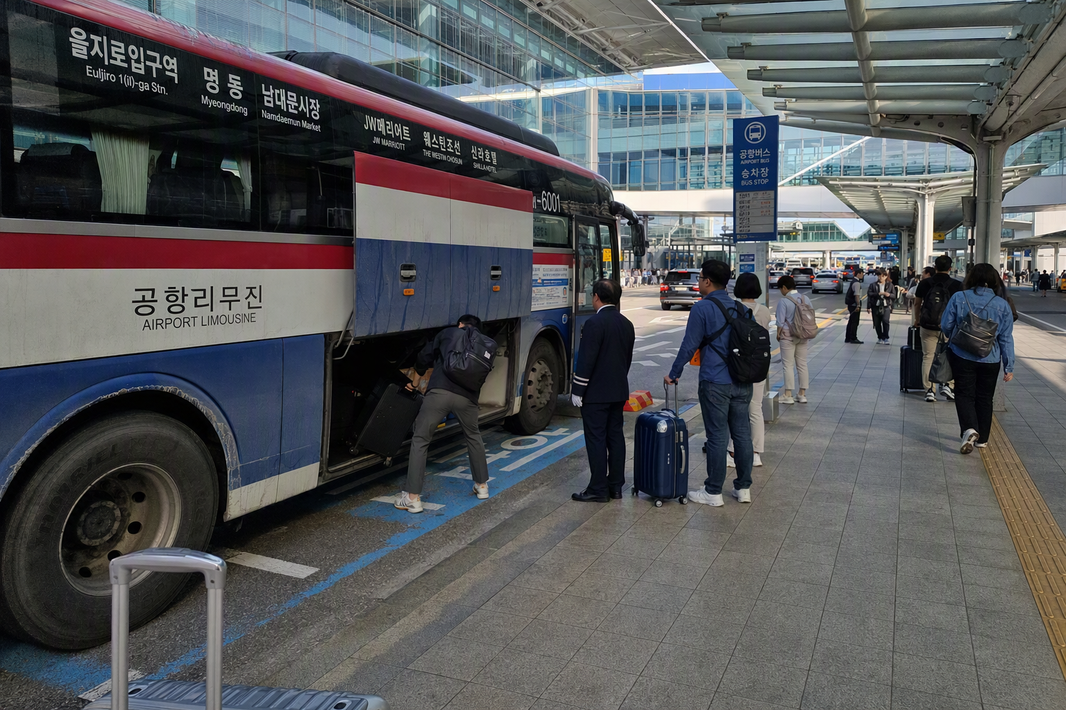 Bright vibrant photorealistic airport limousine bus waiting outside Incheon Airport, travelers loading suitcases, sunny curbside terminal scene, no Korean text